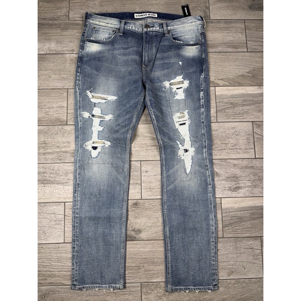 Express Slim Fit Rocco Stretch Jeans 36x32 Light Wash Denim Distressed Ripped